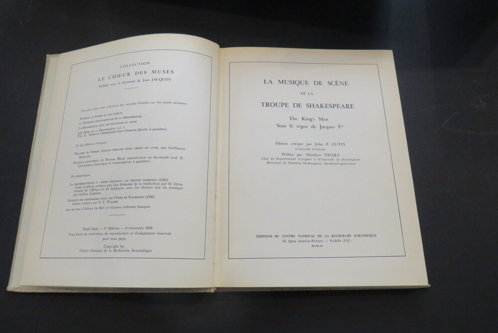 JOHN P. CUTTS. La Musique de scène de la troupe de Shakespeare. The King's Men Sous Le Regne De Jacques Ier.