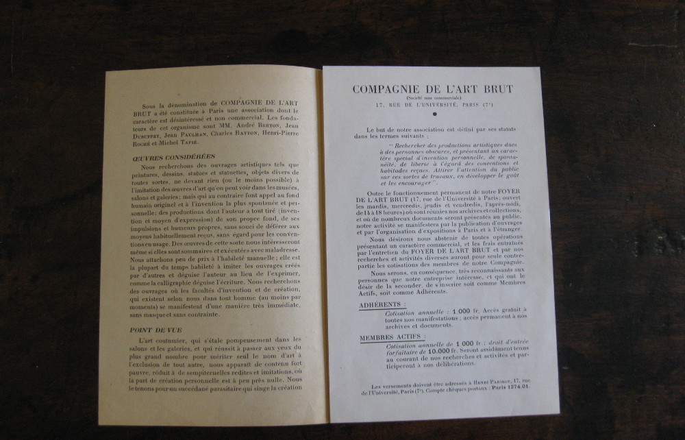 [Art brut]. Jean DUBUFFET. Notice sur la Compagnie de l’Art Brut