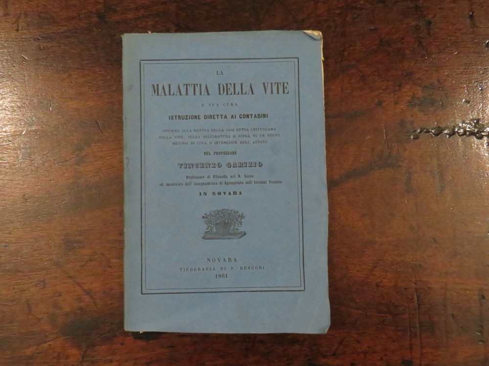 VINCENZO GARIZIO. La malattia della vite e sua cura. Istruzione diretta ai contadini intorno alla natura della così detta crittogama della vite, sulla solfatura e sopra di un nuovo metodo di cura d’invenzione dell’autore