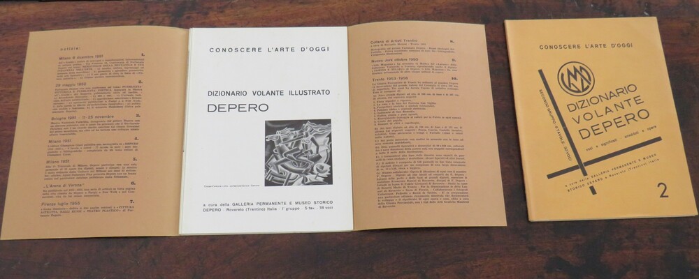 FORTUNATO DEPERO. Dizionario volante Depero. Voci e significati. Aneddoti e opere. N. 1 e N. 2. Primo Gruppo. 5 tavole. 18 voci. Secondo Gruppo. 9 tavole. 30 voci.
