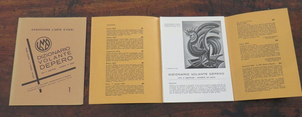 FORTUNATO DEPERO. Dizionario volante Depero. Voci e significati. Aneddoti e opere. N. 1 e N. 2. Primo Gruppo. 5 tavole. 18 voci. Secondo Gruppo. 9 tavole. 30 voci.