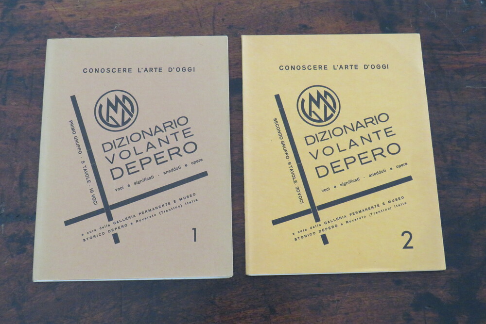 FORTUNATO DEPERO. Dizionario volante Depero. Voci e significati. Aneddoti e opere. N. 1 e N. 2. Primo Gruppo. 5 tavole. 18 voci. Secondo Gruppo. 9 tavole. 30 voci.